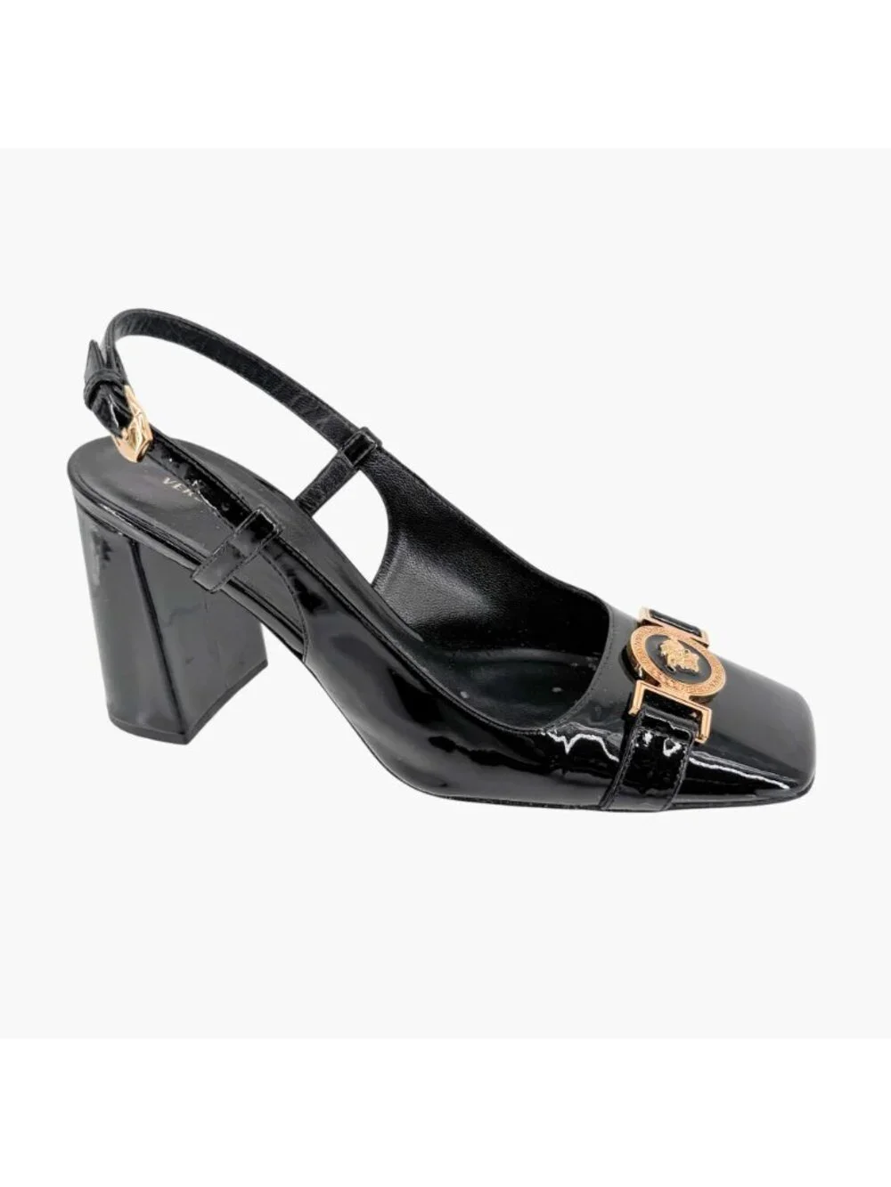 Versace Medusa Slingback Pumps Size 37 US 7 Black Patent Leather Block Heel
